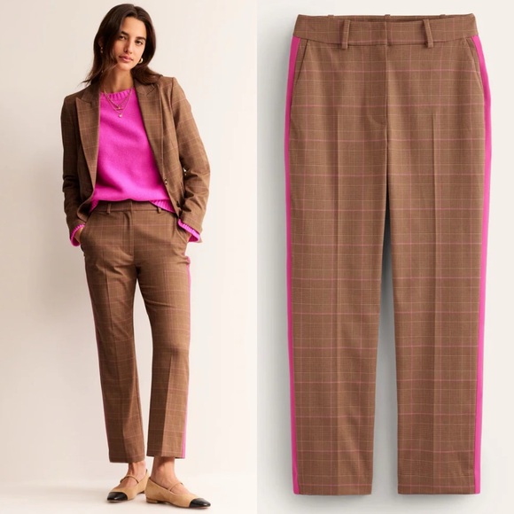 Boden Kew Check Side Stripe Trousers in Brown & Pink - Picture 2 of 9